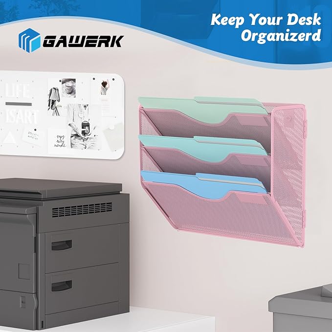 Gawerk 3 Tier Hanging Wall File Organizer, Mesh Mail Paper Orgnization Hanging File Folder Holder for Home Office, Pink