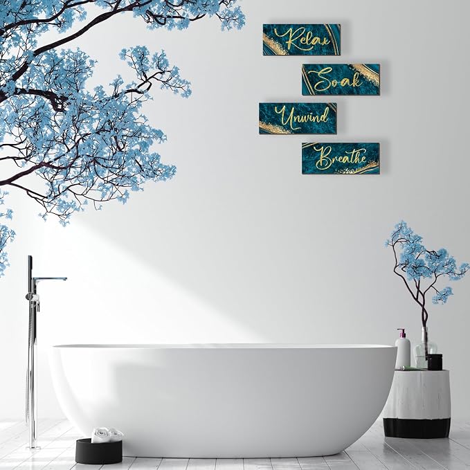 ONIZHITY 4 Pcs Teal and Gold Wall Decor - Rustic Marble Style Bathroom Accessories for Bedroom and Living Room (Teal Gold 10X4)