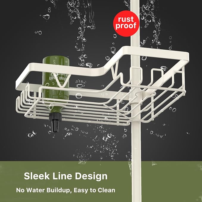 KEGII Shower Corner Caddy Tension Pole, Rustproof Corner Bathroom Organizer, No Drilling Bathtub Shelf for Inside Shower, Waterproof Bathroom Tub Organizer, Fits 25-114.2 Inch Height, Cream White