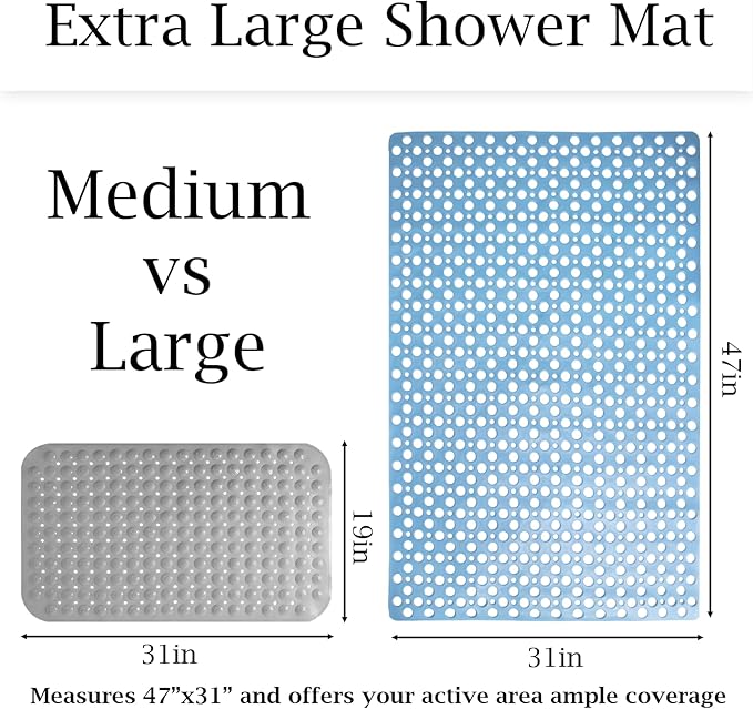 Non Slip Large Shower Mat 35.4"*23.6", TPE Bath Mats for Inside Outside Shower,Extra Large Bathtub Mat with Suction Cups and Big Drain Holes,Blue