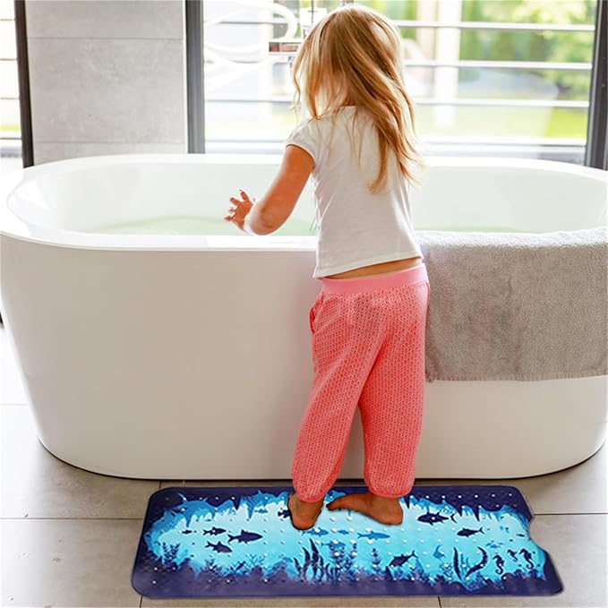 Blue Bathtub Mat Non Slip 40x16in Extra Long Bath Mat for Tub Funny Cute Ocean Animals Anti Slip Shower Mat for Bathroom with Large Drain Holes and Suction Cups Quality Bath Mats and Bathtub Decor