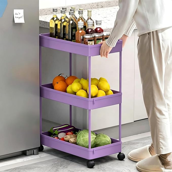 SPACELEAD Slim Storage Cart 3 Tier,Bathroom Organizer Rolling Utility,Mobile Shelving Unit Slide Out for Office, Kitchen, Laundry Room & Narrow Places,Purple