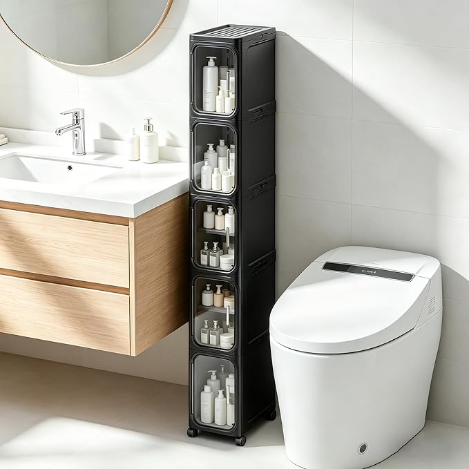 LXLXXL 5-Tier Narrow Storage Cabinet Slim Bathroom Storage Cabinet with Movable Wheels Tall Bathroom Organizer Skinny Cabinet for Small Spaces, Black