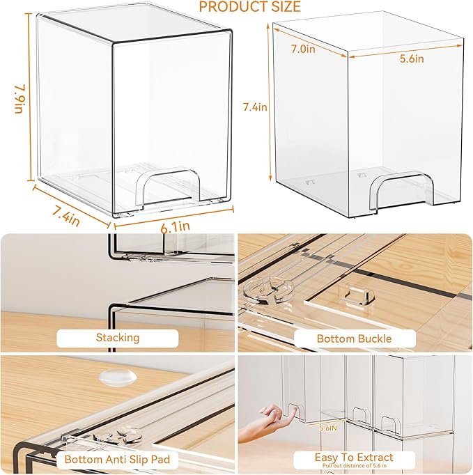 Yieach 2 Pack Clear Stackable Storage Drawers,7.6" H Baby Bottle Organizer,Acrylic Drawer Containers for Cosmetics,Skincare,Beauty Products,Cabinet,Vanity,Kitchen,Under Sink and Bathroom Storage Bins