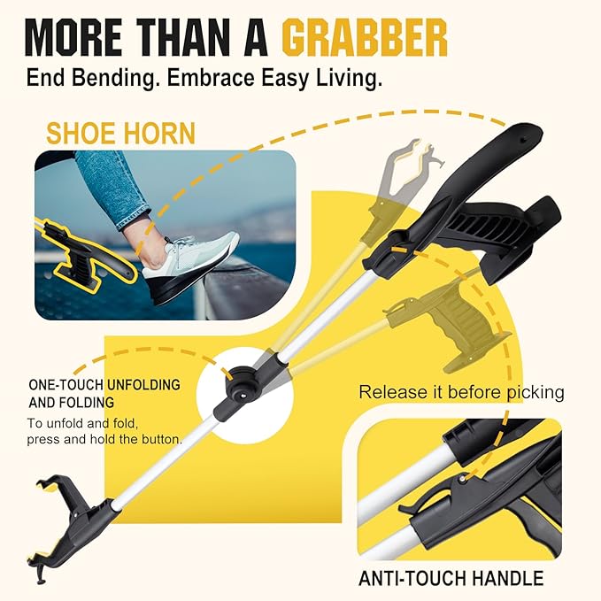 32" Grabber Reacher Tool, 2-Pack Foldable Reacher Grabber Pickup Tool with Shoe Horn, Trash Picker Upper Grabber with 360° Rotating Jaw & Magnet, Lightweight Grabbers for Seniors Heavy Duty