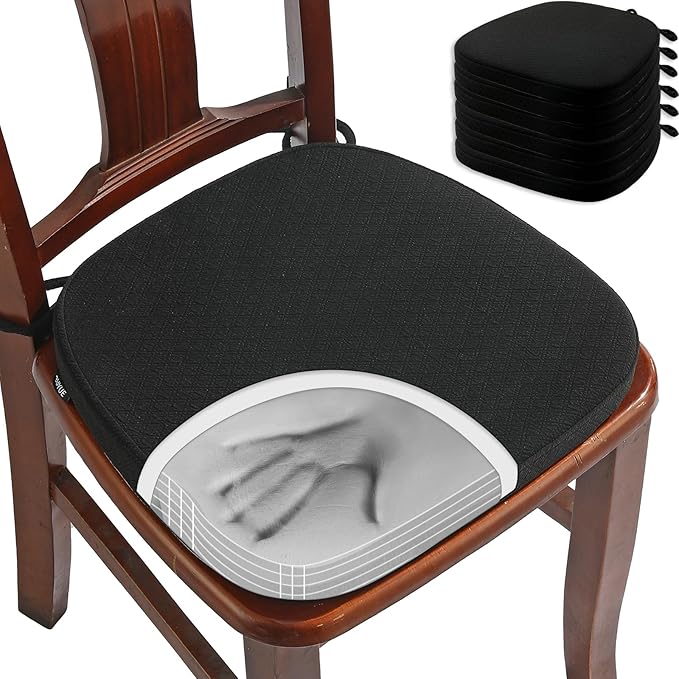 BUYUE Luxury Memory Foam Chair Cushions 6 Pack, Jacquard 16" U-Shape Comfortable Dining Chair Pads, Removable Slip Resistant Kitchen Chair Seat Cushions (Set of 6, Black)