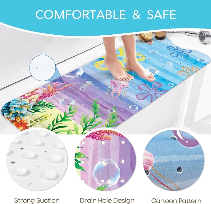 SHUCHING Girl Bath Mat for Tub Non Slip-40 X 16 Inch, Bathtub Mat Non Slip, Long Toddler Baby Kids Shower Mat for Bathroom, Beach Ocean Sea