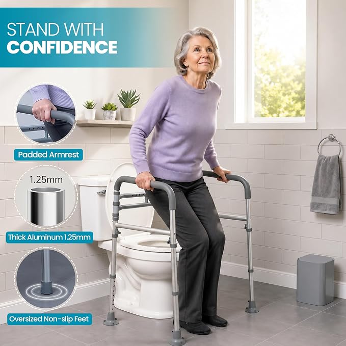 Toilet Safety Rails for Seniors | 350 lb Capacity Adjustable Toilet Handles for Elderly Adults, Heavy-Duty Toilet Safety Frame with Support Handles for Handicap Users & Mobility Assistance