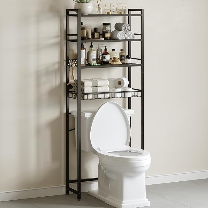 Over The Toilet Storage Shelf, 4-Tier Bathroom Organizer with Basket & Hooks, Sturdy Space Saver for Small Bathrooms, Black