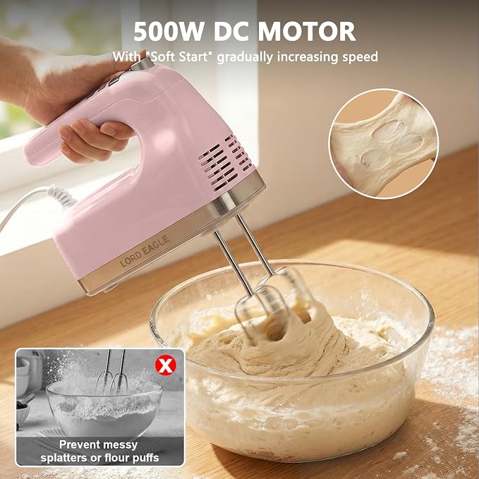 Lord Eagle 9-Speed Digital Hand Mixer Electric Handheld, 500W DC Motor Kitchen Mixer for Cake Baking, Lightweight Egg Beaters with Stain-resistant & Waterproof Storage Bag & 6 Accessories, Pink