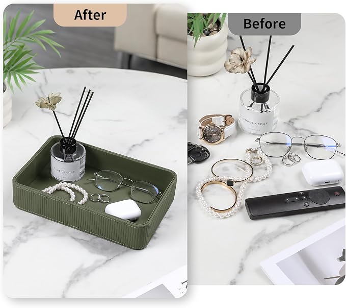 PU Leather Valet Tray Organizer, Modern Nightstand Organizer Bedside Desktop Storage for Womens and Men, Decorative Perfume Trinket Catchall Vanity Tray for Key Watch Wallet (Green)
