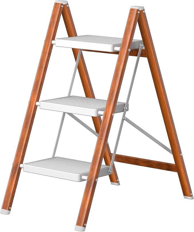 DIAMONDFORGE 3 Step Ladder, Lightweight Folding Step with Wide Anti-Slip Pedal & Feet, 330 lbs Capacity,Sturdy Steel Step Ladder for Home,Office and Library,Light Woodgrain