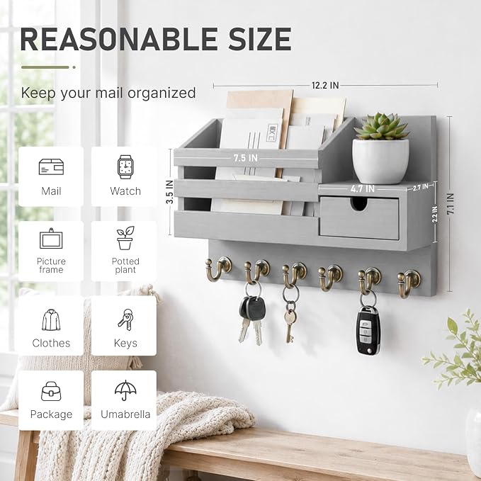 FifthQuarter Key and Mail Holder for Wall, Mail Organizer Wall Mount with 6 Hooks and Storage Drawer, Easy Installation Key Rack for Entryway and Home Decor (A-Grey)