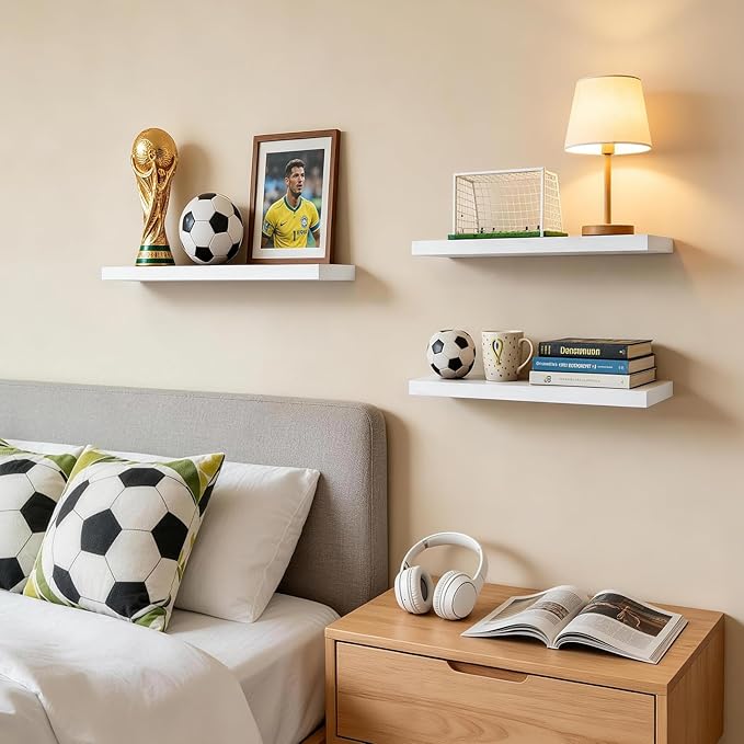BAYKA White Floating Shelves for Wall, Set of 3, Rustic Wood Wall Shelves with Metal Brackets for Bathroom, Bedroom, Kitchen, or Living Room Decor Organization, Sturdy Storage with 22lb Capacity