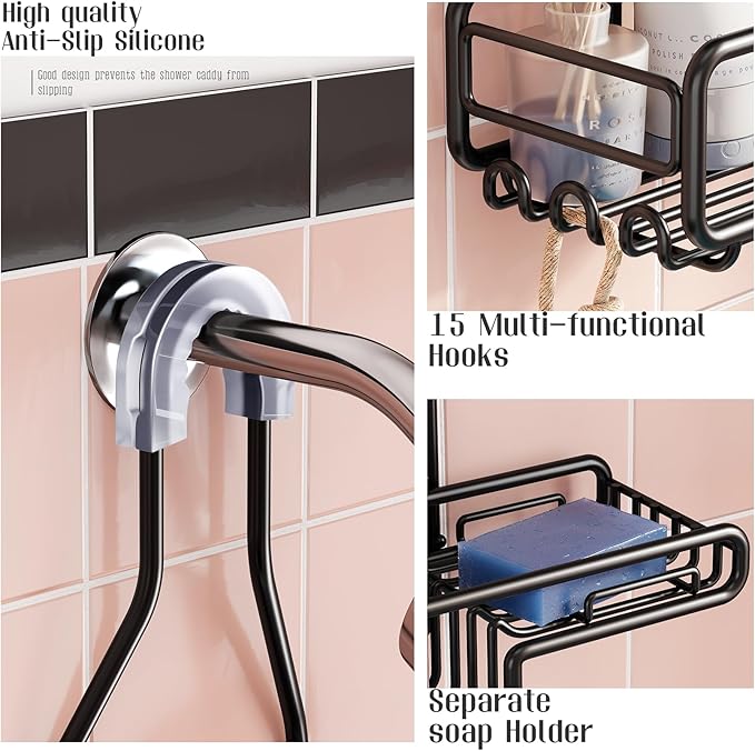 Shower Caddy Hanging Bathroom Organizer: Over Head Adjustable Rack for Tall Showerhead - Extra Large Storage Shelf for Big Shampoo Bottles with Soap Holder