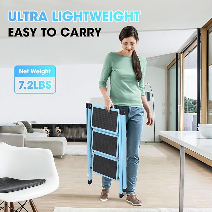 3 Step Ladder, Folding Step Stool for Adults, Lightweight Aluminum Step Ladder, Portable 330 LBS Capacity Ladders for Home Kitchen Library Office, Small Step Stools with Anti-Slip Wide Pedals, Blue