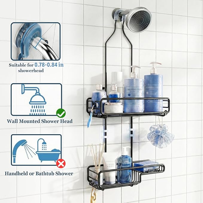 Skyapex Hanging Shower Caddy Bathroom Organizer - Over The Shower Head Adjustable Rack for Tall Showerheads, Extra Large Storage Shelf with Soap Holder for Big Shampoo Bottles