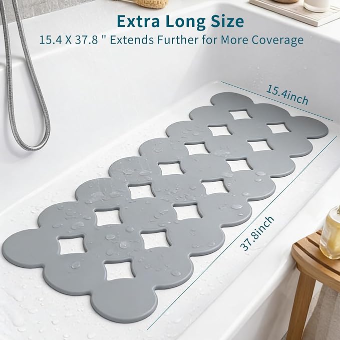 Webos Bathtub Mat Non Slip: Extra Long Rubber Bath Mat for Tub with Strong Suction Cups 15.4" x 37.8" Anti Slip Shower Mat, Big Drain Holes Bathroom Mats for Tub & Shower, Circle-Grey