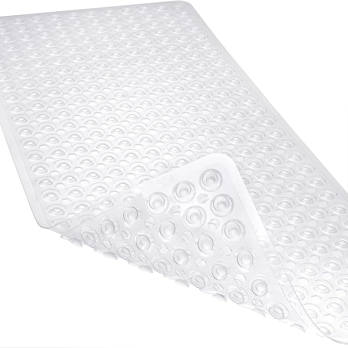 Non-Slip Bathtub and Shower Mats, Power Grip Bath Mat 35 x 16.3 Inch with Suction Cups and Drain Holes for Tub Bathroom Floor Safety, Machine Washable Soft Bathmat, Clear