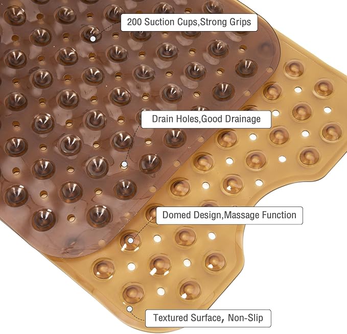 Extra Long Bathtub Mat Non Slip, Clear Brown Soft Bath Mat for Tub 40 x 16 Inch Full Size, Bath Tub Shower Mats for Bathroom Floor, Big Suction Cups and Drain Holes, Easy Washable, BPA Free