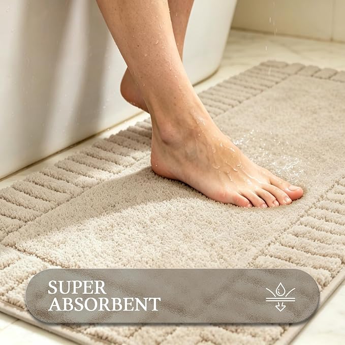 Pauwer Bathroom Rugs Sets 3 Piece Non Slip Machine Washable Bathroom Shower Rugs with U-Shaped Contour Toilet Mat Plush Shaggy Absorbent Microfiber Bath Mat Set, Light Beige