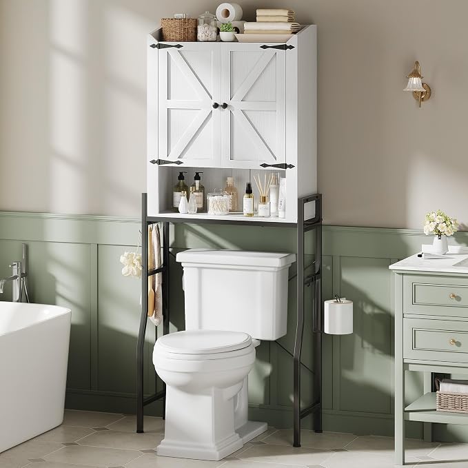 Memobarco Over The Toilet Storage Cabinet, Over Toilet Organizer with 2-Door & Metal Stand, Bathroom Organizers and Storage with Adjustable Shelves for Bathroom, Restroom, Laundry, White