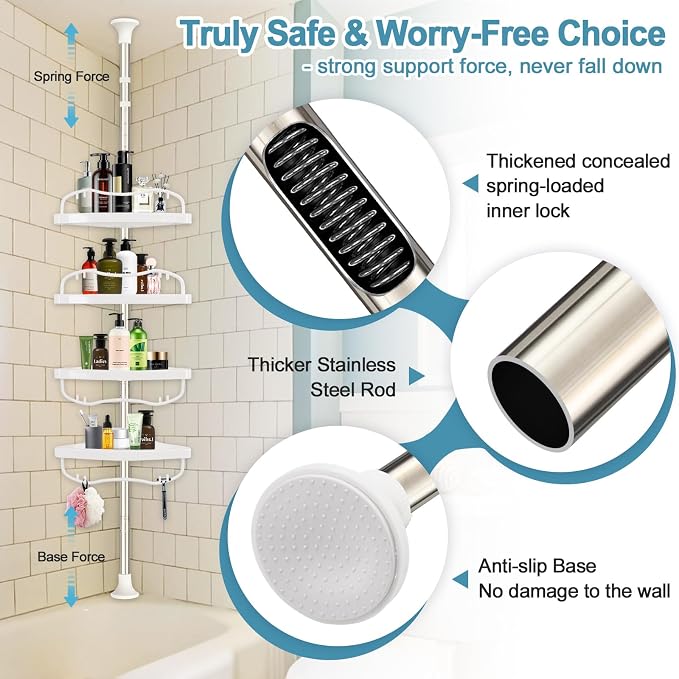 Corner Shower Caddy Tension Pole, Rustproof Bathtub Storage Organizer with 4 Adjustable Shelves, Bathroom Shower Rack Shampoo Holders for Inside Shower, 40"-120" Floor to Ceiling Shower Caddy Silver
