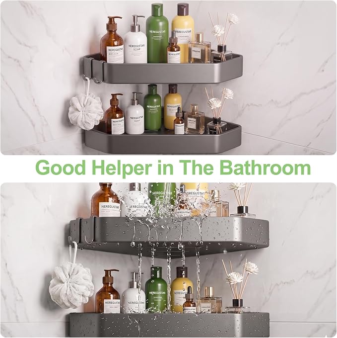 Shower Caddy Hanging, 2 Pack Never Rust Shower Organizer Hanging, Aluminum Shower Racks for Inside Shower with Hooks for Razor, Bathroom Organizers and Storage with Soap Holder, Grey