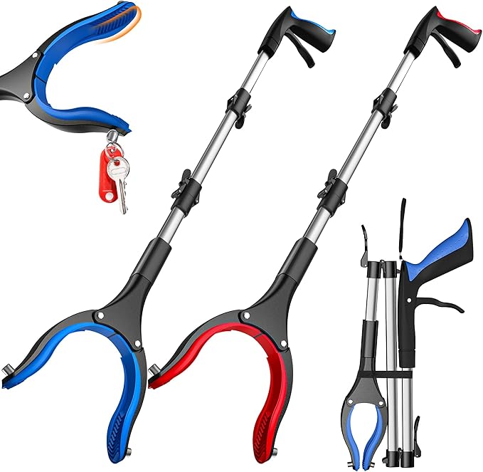 2 Pack 36 Inch Grabber Reacher Tool for Seniors, Foldable Reacher Grabbers Pickup Stick with Anti-Slip 90° Rotating Jaw, 4" Wide Extended Claw with Magnet for Disabled