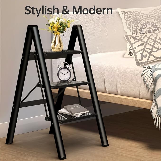 Foldable Step Ladder 3 Stepping Stool-Aluminium Kitchen Step Stools, Folding 330lbs Lightweight Ladders with Anti-Slip Wide Pedal, Portable Kids/Adults Ladder for Library, Closet, Black