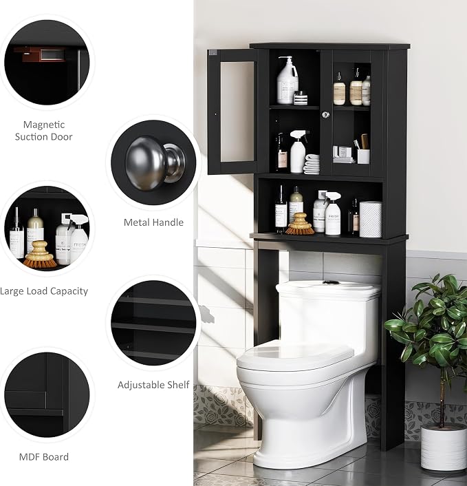 Over The Toilet Storage Cabinet for Bathroom, Black Storage Organizer Over Toilet, Space Saver with 2 Tempered Glass Doors, Black