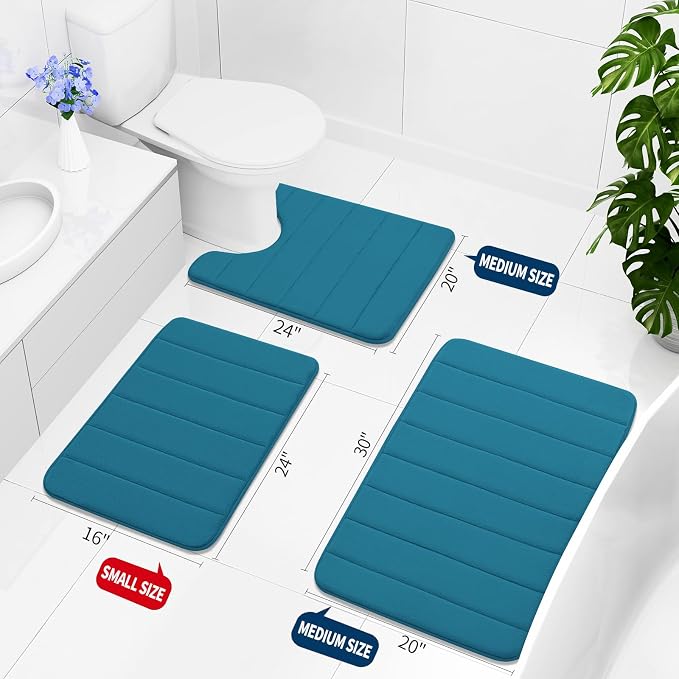 Buganda Memory Foam U-Shaped Contour Toilet Rugs, Non Slip Absorbent, Thick Soft Washable Bathroom Mat, Floor Carpet Bath Rugs Mat for Toilet Base (24" x 20", Peacock Blue)