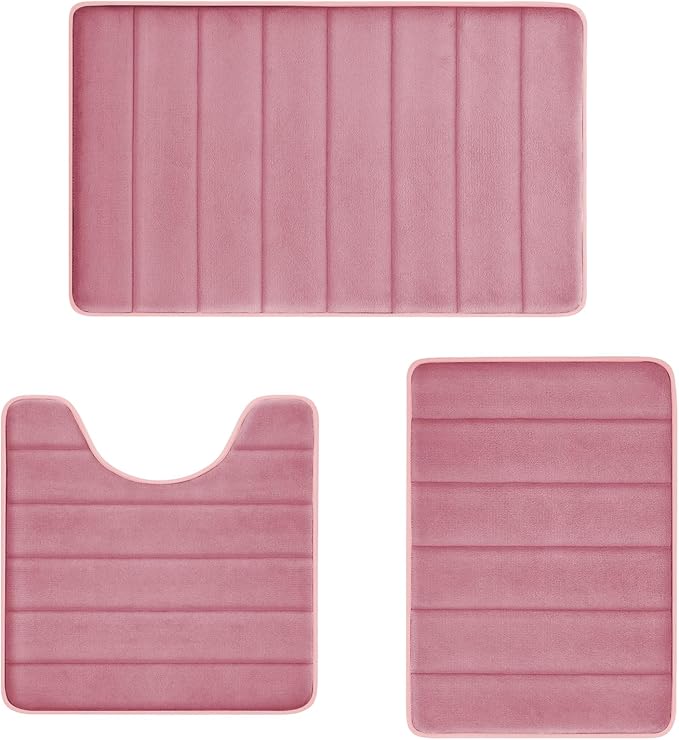Pink Memory Foam Bath Mat Set, Bathroom Rugs for 3 Pieces, Toilet Mats, Soft Comfortable, Water Absorption, Non-Slip, Thick, Machine Washable, Easier to Dry for Floor Mats Pink Bathroom Sets