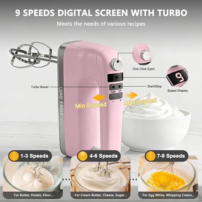 Lord Eagle 9-Speed Digital Hand Mixer Electric Handheld, 500W DC Motor Kitchen Mixer for Cake Baking, Lightweight Egg Beaters with Stain-resistant & Waterproof Storage Bag & 6 Accessories, Pink