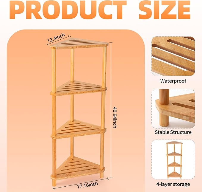 GUGIGP 4-Tier Corner Shower Caddy Stand Bamboo,Standing Corner Shower Shelf,Shower Organizer,Shower Storage Shlves,Waterproof & Durable,Space-Saving Design for Bathroom Kitchen or Living Room