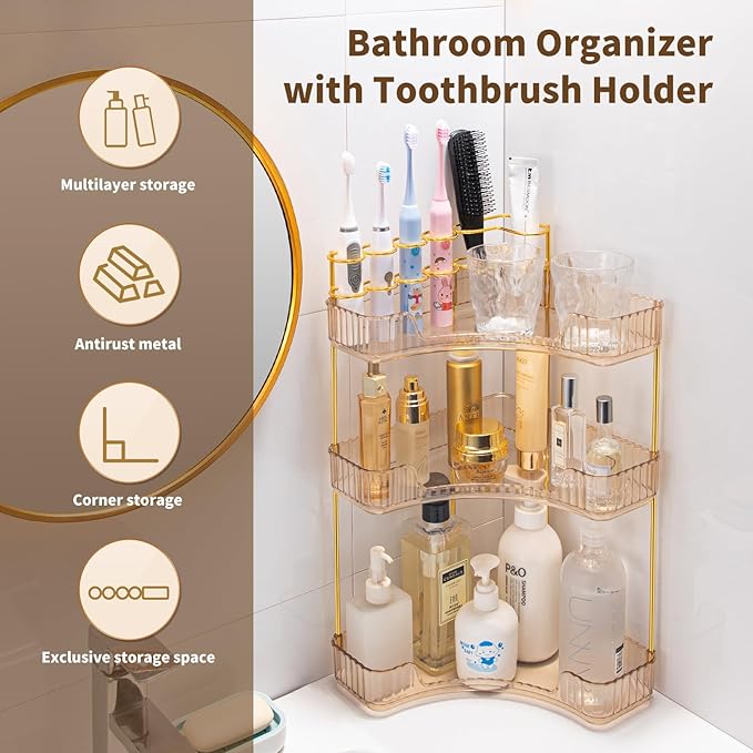 NATURE'S SOURCE Makeup Organizer for Vanity, 3-Tier Corner Bathroom Organizer Countertop with Makeup Brush Holder, Bathroom Counter Storage for Dresser-Amber Gold