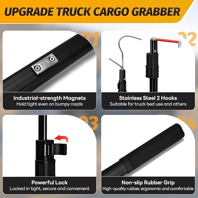 6.9 Ft Magnetically Mounted Truck Cargo Grabber Reach Retriever Tool with Two Hooks, Upgraded Extendable Telescoping Pickup Truck Bed Retriever Tool Magnetic Heavy Duty Truck Bed Accessories