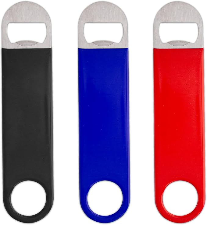 7" Rubber Grip Stainless Steel Flat Bottle Opener, Black Red Blue Sturdy and Durable 3 Pcs Gifts for Friends, Suitable for Bar Bartender Men and Women Kitchen Restaurant Party