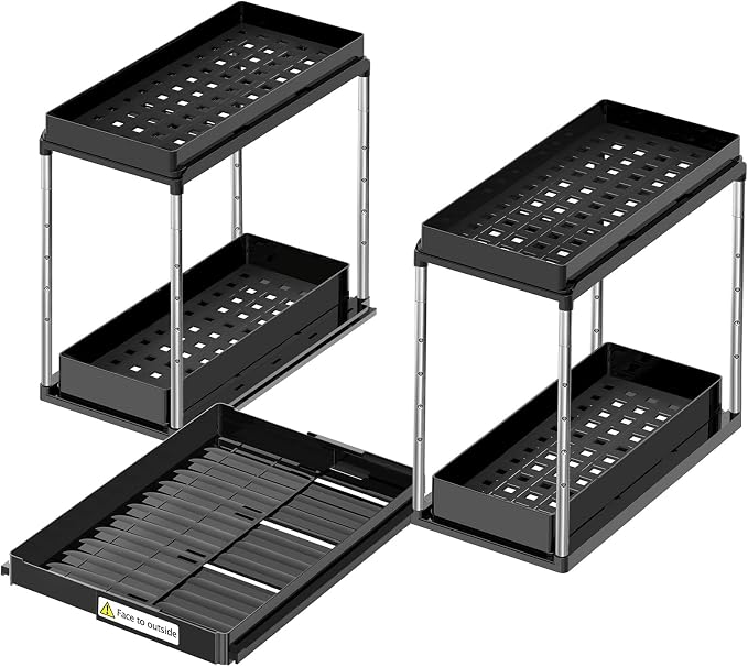 NIUXX Expandable Under Sink Organizer: 2 Tier Height Adjustable Under Cabinet Organizer - Double Pull Out Shelf Under Sink Storage for Kitchen - Bathroom and Laundry Room - Space Saving