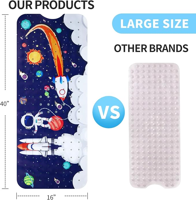 Baby Bath Mat for Tub Non Slip Kids Bathtub Mat Extra Long 40X16 Inch Toddler Bath Tub Shower Mat Anti Slip with Suction Cups & Drain Holes, Machine Washable (Space)