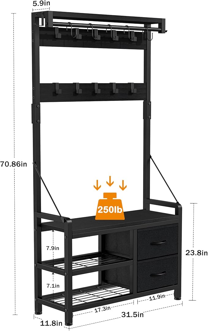 Lulive Hall Tree, 31.5” Entryway Bench with Coat Rack freestanding, 5 in 1 Intelligent Design Shoe Bench and Wall Rack 17 Hooks and Drawers (Black)