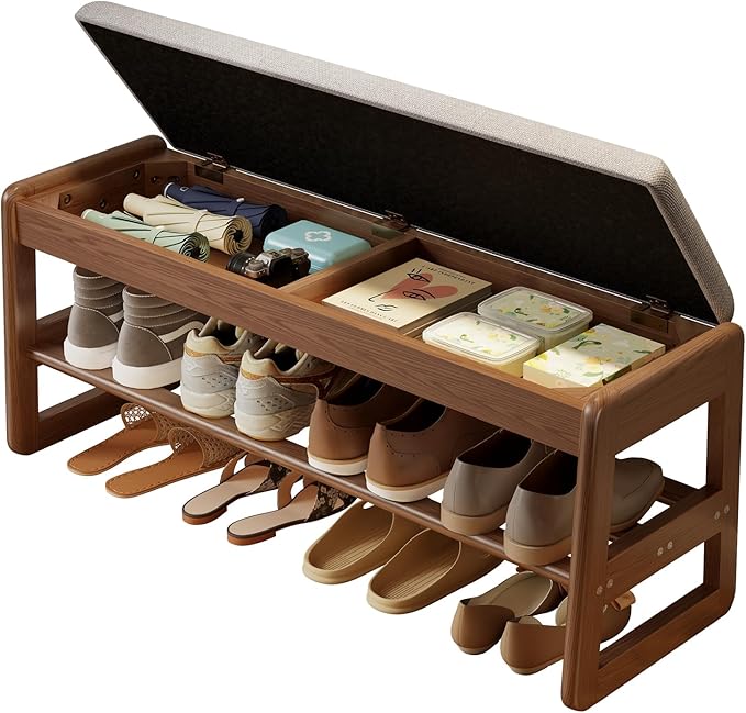 AQIMUELE Shoe Rack Bench,2 Tiers Shoe Bench with Storage with Flip-Top,Wood Shoe Rack for Entryway,Hallway(Walnut Upholstered Seat,11.8" D x 39.3" W x 15.7" H