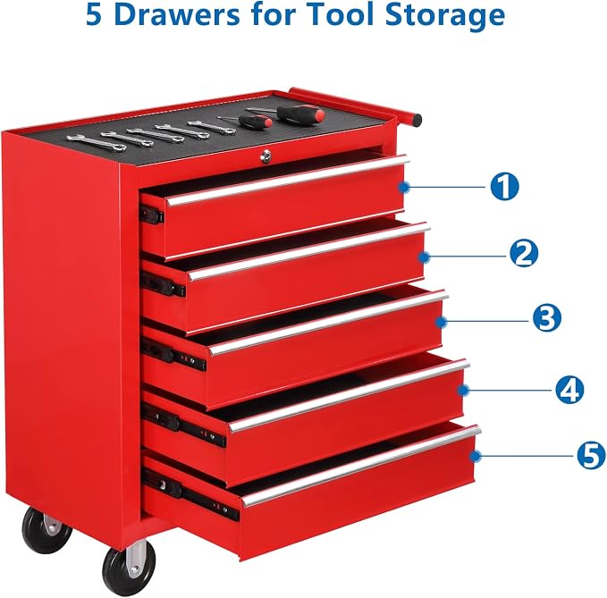 TUFFIOM 5-Drawer Rolling Tool Chest w/Drawers & Lock, Tool Storage Cabinet with Lockable Wheels, Top Cushion & Drawer Liners, Tool Organizer Box for Garage, Warehouse & Repair Sho