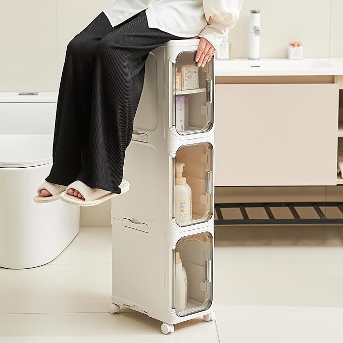 UFORU 2-Tier Narrow Storage Cabinet with Magnetic Doors and Shelves, Plastic Slim Bathroom Organizers and Storage with Wheels for Small Spaces Bathroom, Kitchen, White