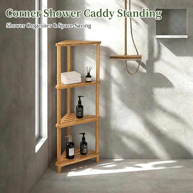 GUGIGP 4-Tier Corner Shower Caddy Stand Bamboo,Standing Corner Shower Shelf,Shower Organizer,Shower Storage Shlves,Waterproof & Durable,Space-Saving Design for Bathroom Kitchen or Living Room