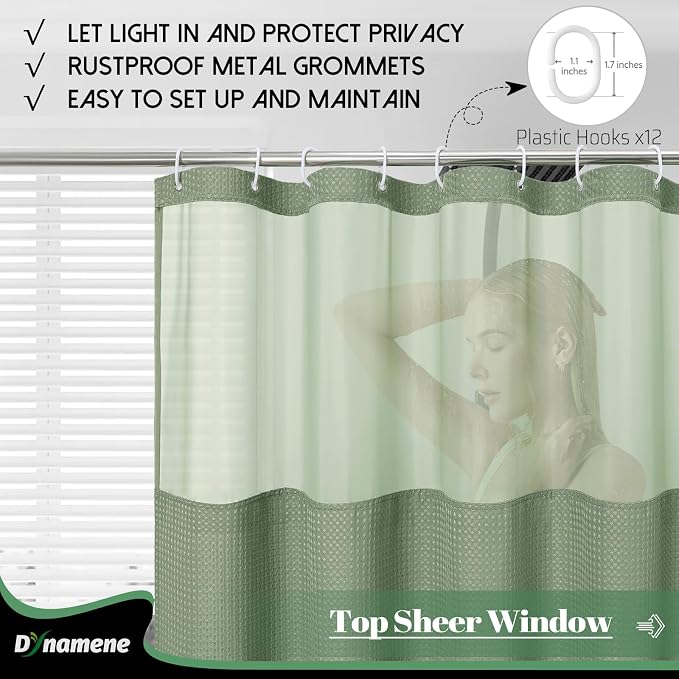 Dynamene Extra Long Shower Curtain, 84 Inch Long Waffle Fabric Shower Curtain for Bathroom, Tall Waterproof Cloth Shower Curtain Liner Set with Hook, Snap in Liner, Mesh Top Window, Sage Green, 72x84