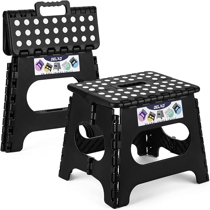 Delxo 11 inch 2 Pack Folding Step Stool, Non-Slip Foldable Stools Up to 300 LBS, Step Stool with Handle, Lightweight Collapsible stools for Kitchen, Bathroom, Bedroom, Garden (Black)