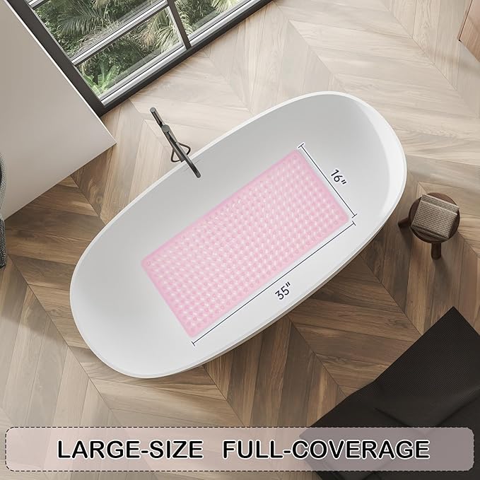 Non-Slip Bathtub and Shower Mats, Power Grip Bath Mat 35 x 16.3 Inch with Suction Cups and Drain Holes for Tub Bathroom Floor Safety, Machine Washable Soft Bathmat, Clear Pink