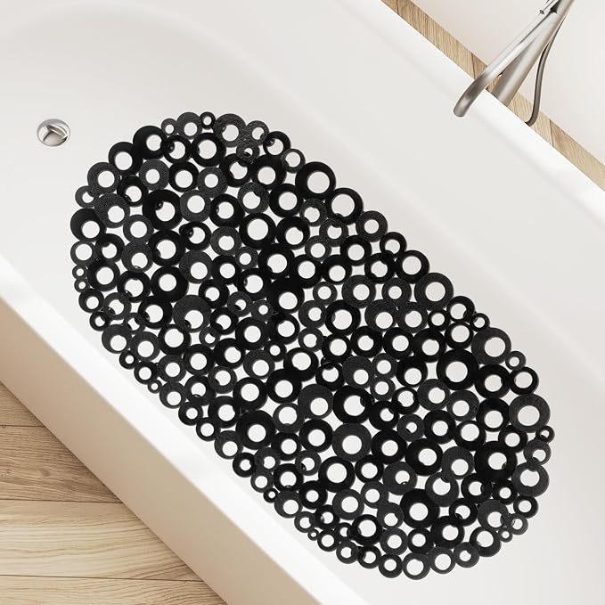 WELTRXE Oval Bathtub Mat Non Slip, Black Bubbles Bath Mats for Tub, Shower Mat with Drain Holes, Suction Cups, Machine Washable Bath Tub Mat, BPA, Latex, Phthalate Free for Bathroom, 27 x 14 Inch