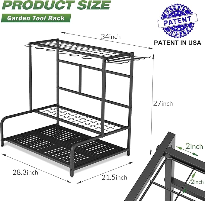 Sttoraboks Garden Tool Organizer Rack Up to 39 Tools, Heavy-Duty Steel Yard Tool Organizer for Garage Storage with 12 Hooks, Broom Holder & Garden Tool Rack for Shed, Patio, Outdoor Storage, Black